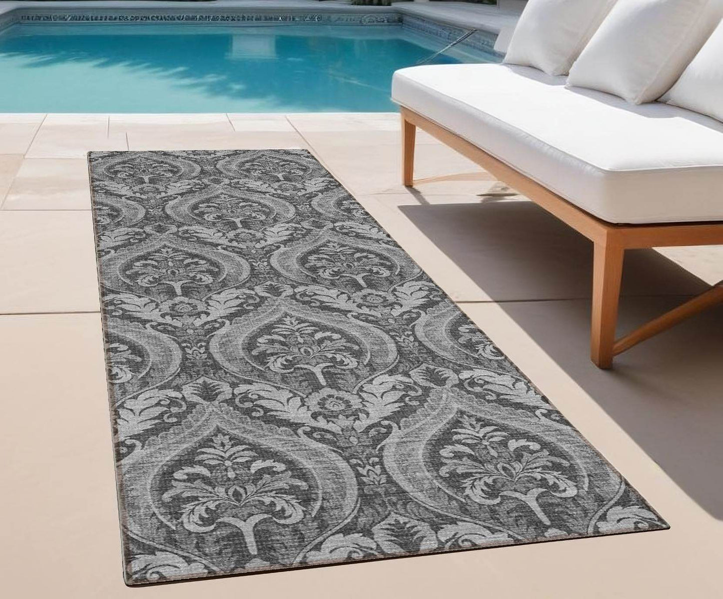 8' Runner Gray Damask Washable Non Skid Indoor Outdoor Runner Rug - Loft&Timber