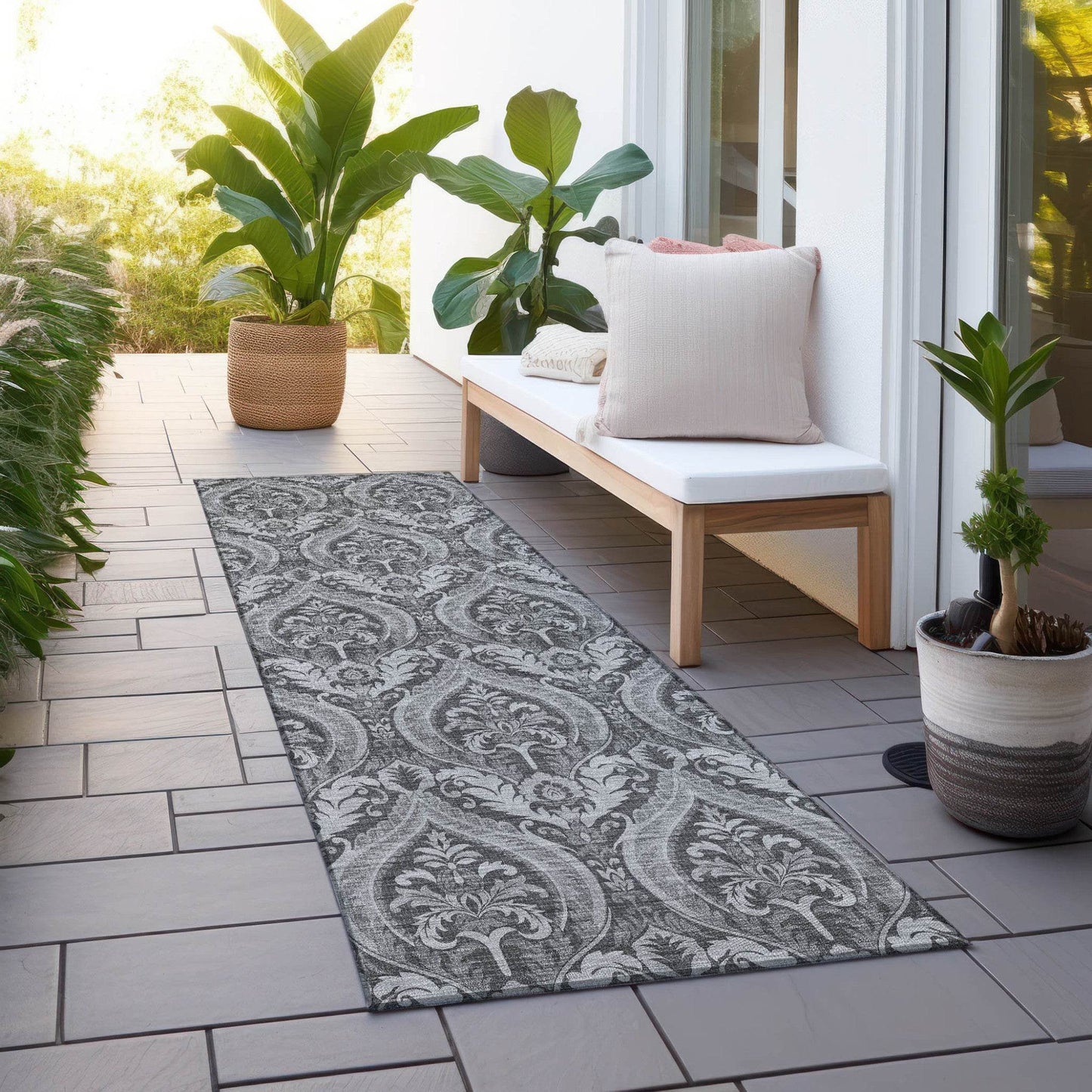 8' Runner Gray Damask Washable Non Skid Indoor Outdoor Runner Rug - Loft&Timber