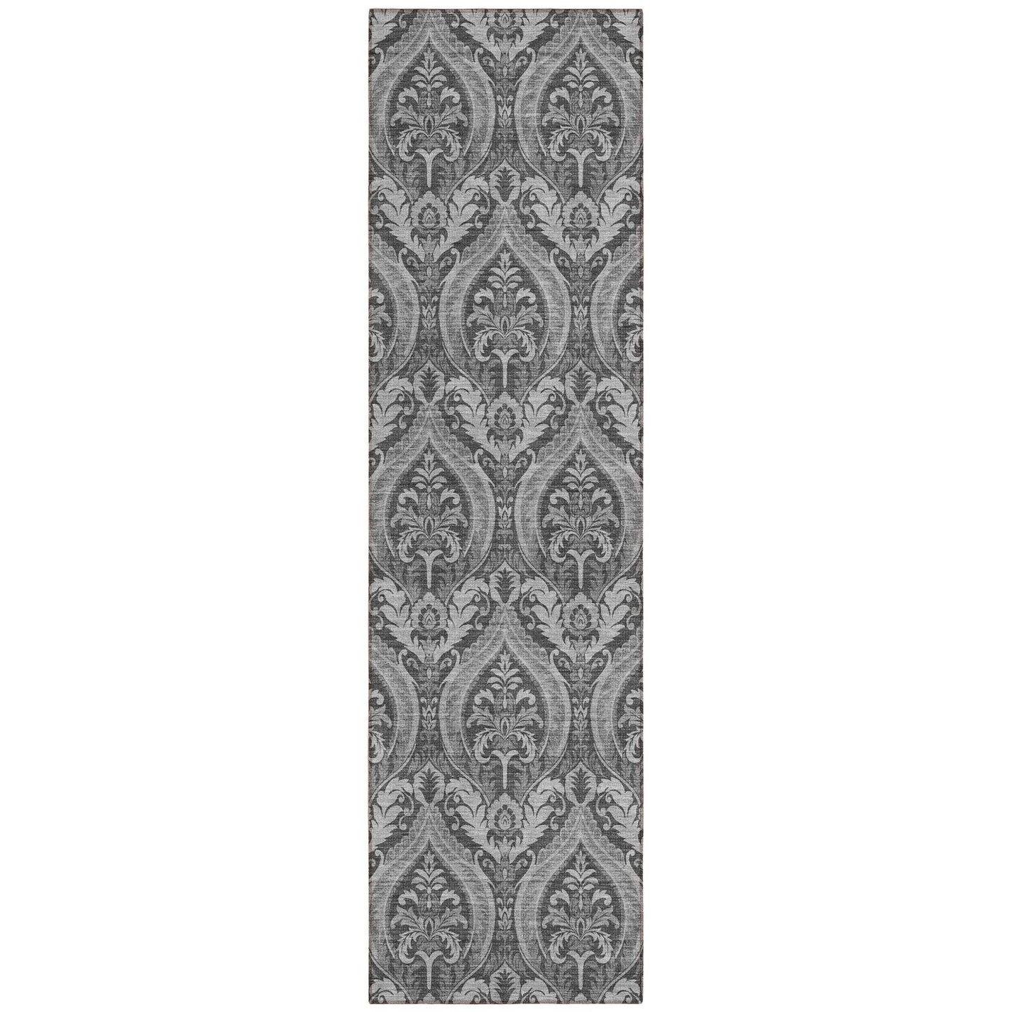 8' Runner Gray Damask Washable Non Skid Indoor Outdoor Runner Rug - Loft&Timber