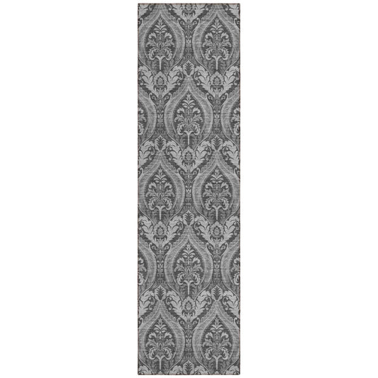 8' Runner Gray Damask Washable Non Skid Indoor Outdoor Runner Rug - Loft&Timber