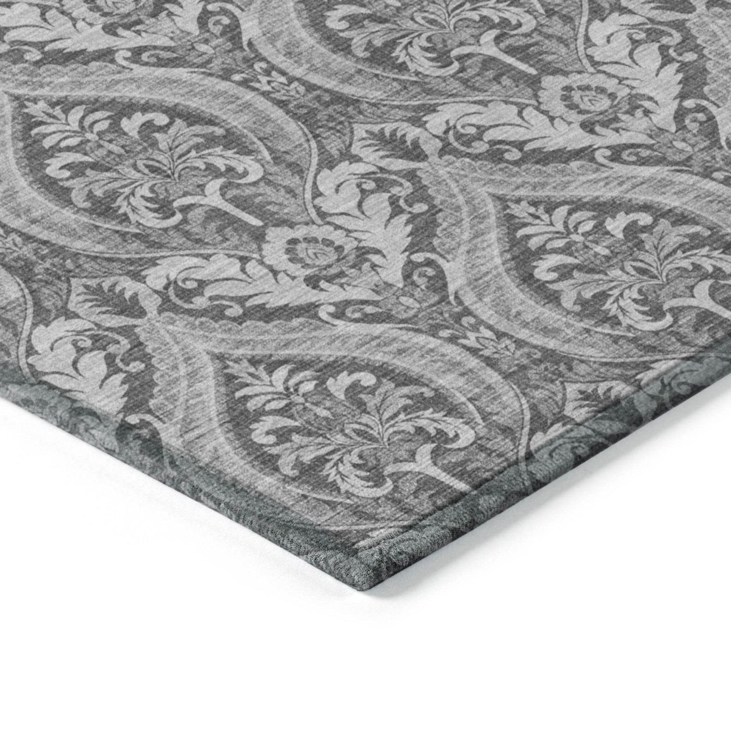 8' Runner Gray Damask Washable Non Skid Indoor Outdoor Runner Rug - Loft&Timber