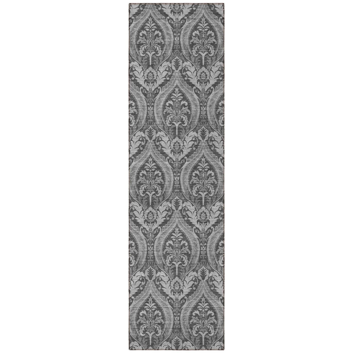 8' Runner Gray Damask Washable Non Skid Indoor Outdoor Runner Rug - Loft&Timber