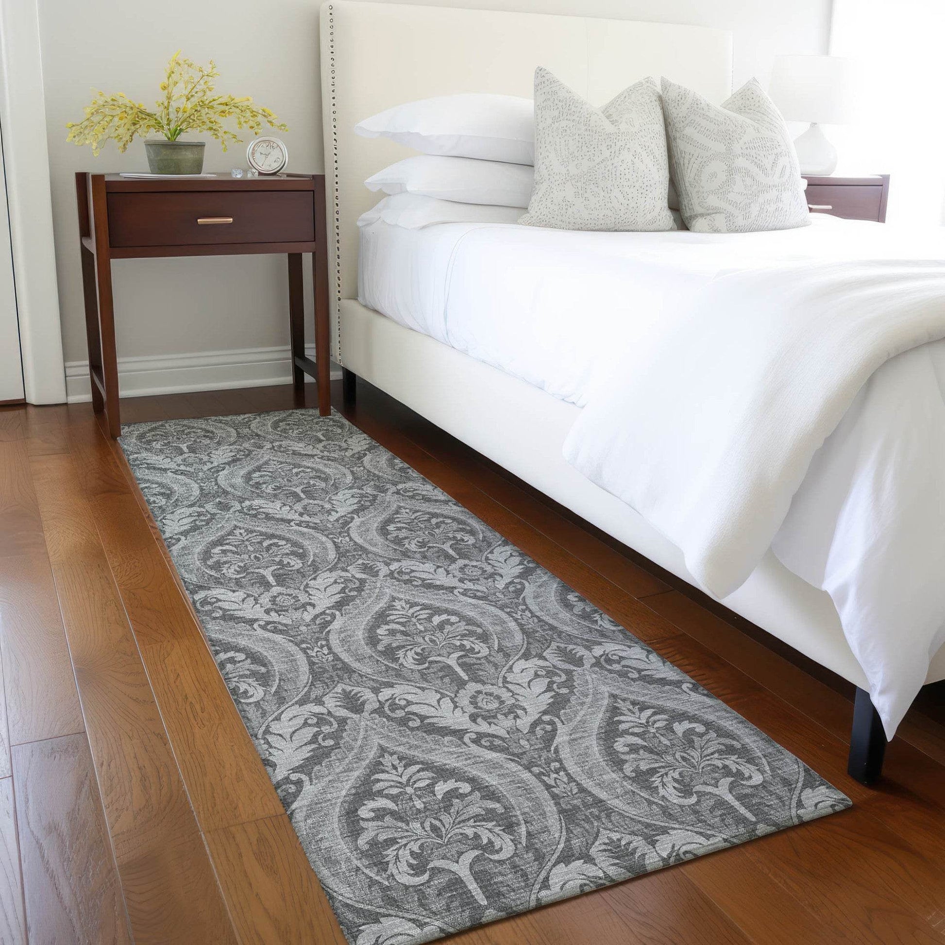 8' Runner Gray Damask Washable Non Skid Indoor Outdoor Runner Rug - Loft&Timber
