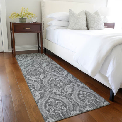 8' Runner Gray Damask Washable Non Skid Indoor Outdoor Runner Rug - Loft&Timber