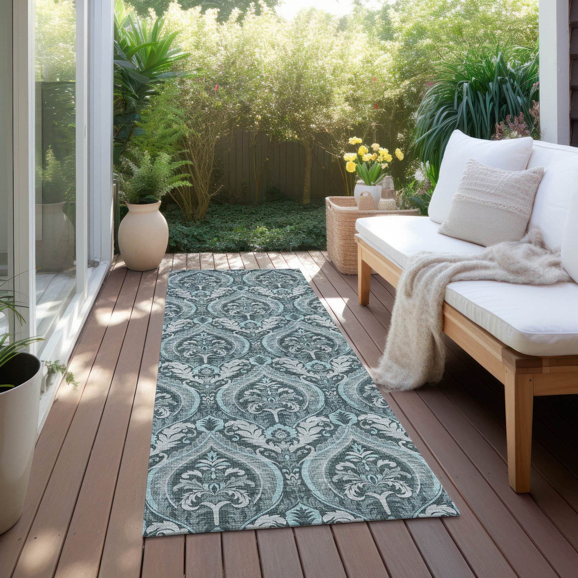 8' Runner Teal Damask Washable Non Skid Indoor Outdoor Runner Rug - Loft&Timber