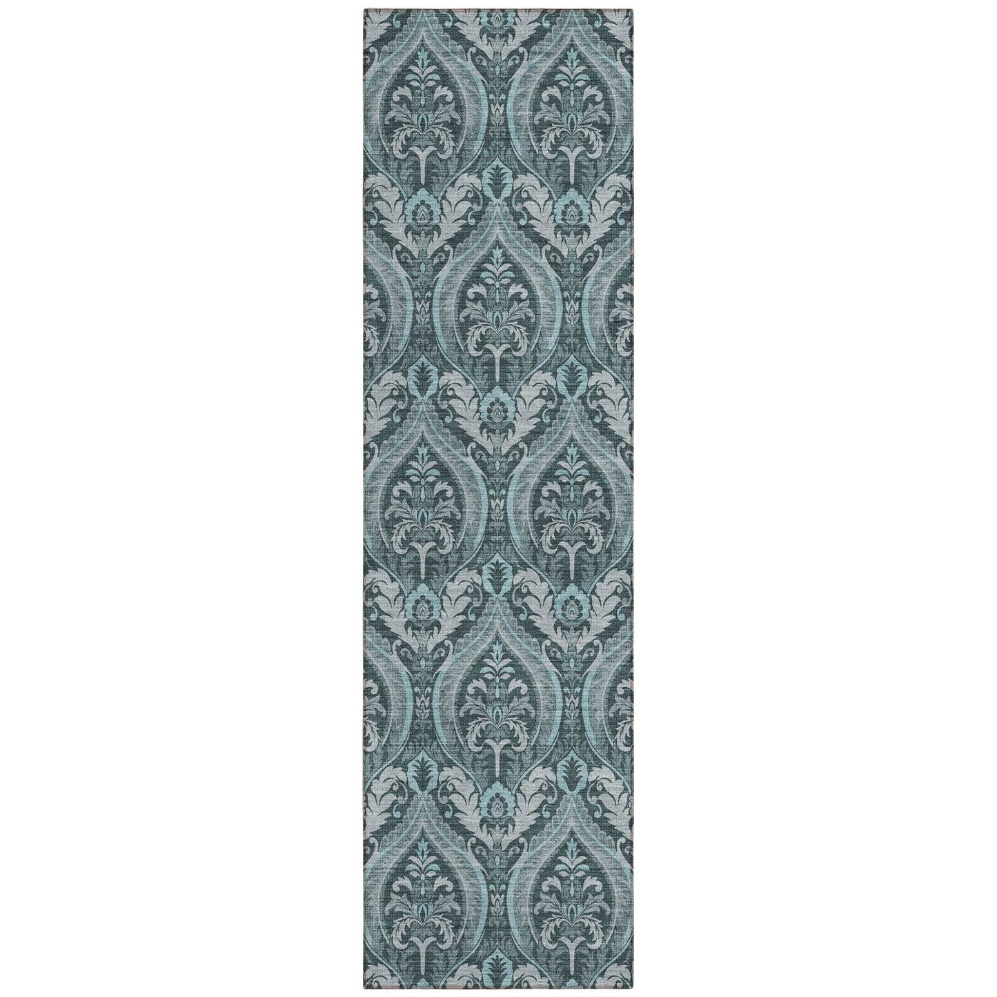 8' Runner Teal Damask Washable Non Skid Indoor Outdoor Runner Rug - Loft&Timber