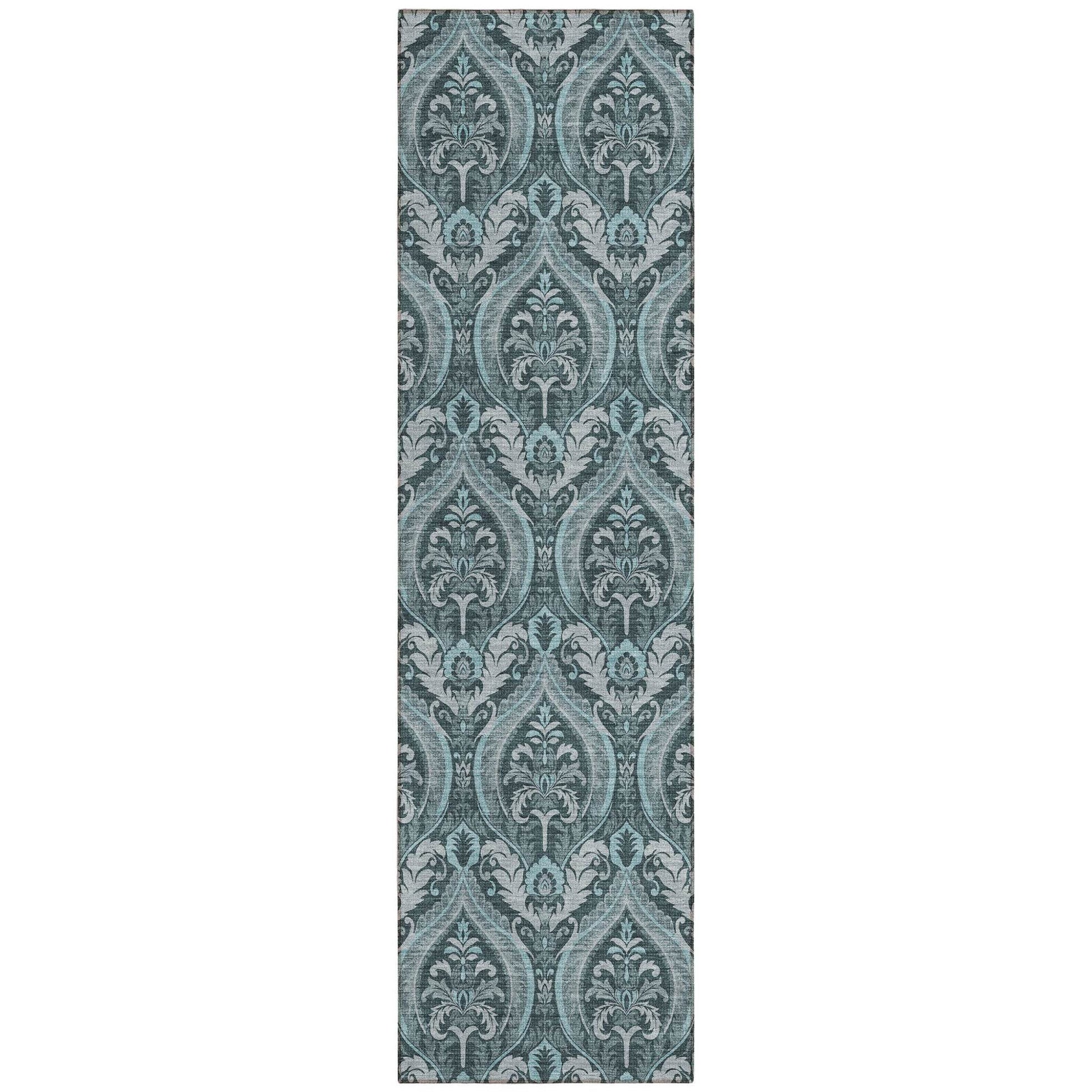 8' Runner Teal Damask Washable Non Skid Indoor Outdoor Runner Rug - Loft&Timber