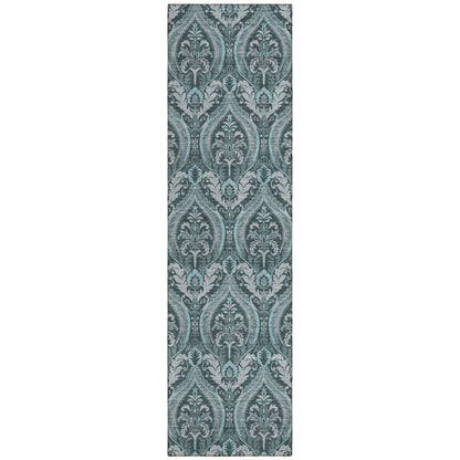 8' Runner Teal Damask Washable Non Skid Indoor Outdoor Runner Rug - Loft&Timber