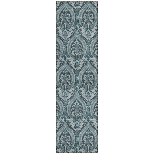 8' Runner Teal Damask Washable Non Skid Indoor Outdoor Runner Rug - Loft&Timber