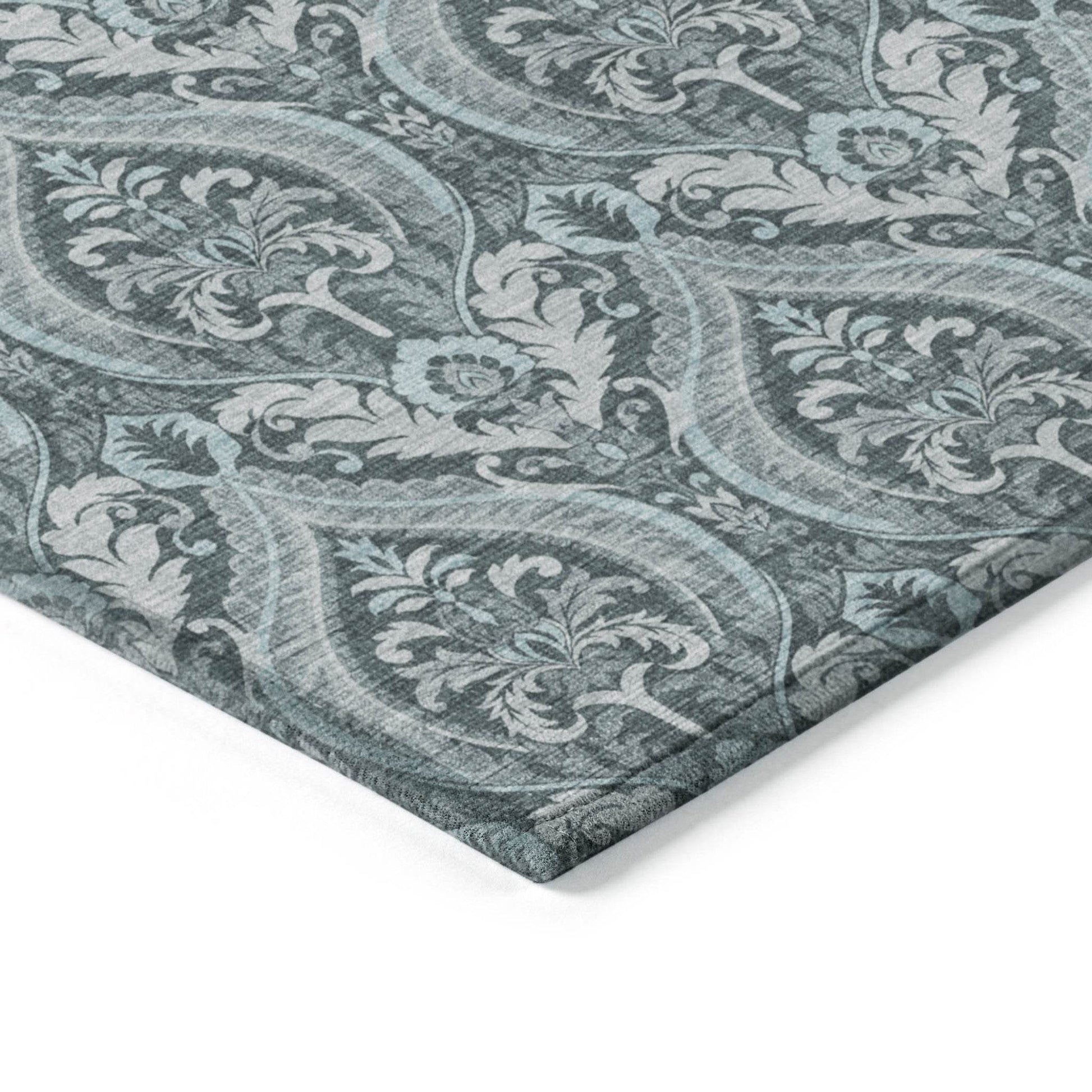 8' Runner Teal Damask Washable Non Skid Indoor Outdoor Runner Rug - Loft&Timber