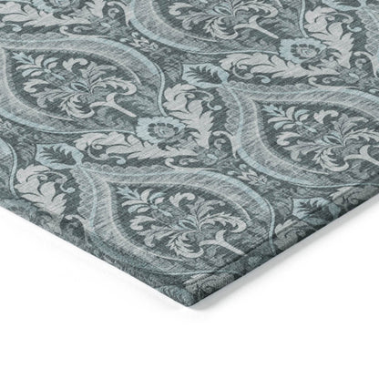 8' Runner Teal Damask Washable Non Skid Indoor Outdoor Runner Rug - Loft&Timber