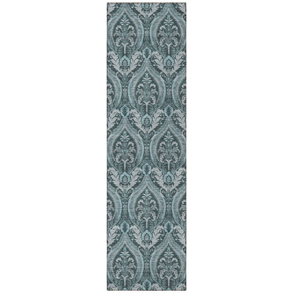 8' Runner Teal Damask Washable Non Skid Indoor Outdoor Runner Rug - Loft&Timber