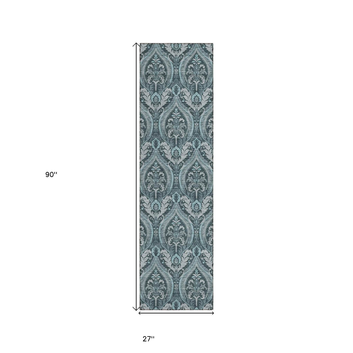 8' Runner Teal Damask Washable Non Skid Indoor Outdoor Runner Rug - Loft&Timber
