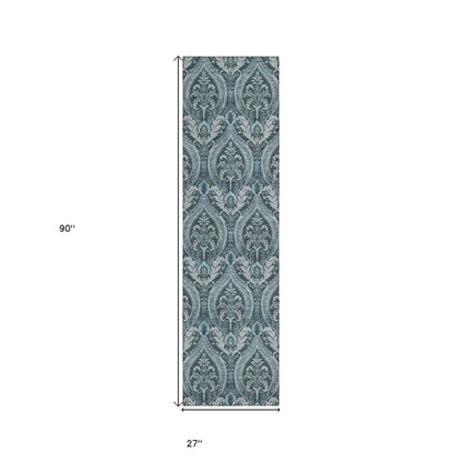 8' Runner Teal Damask Washable Non Skid Indoor Outdoor Runner Rug - Loft&Timber