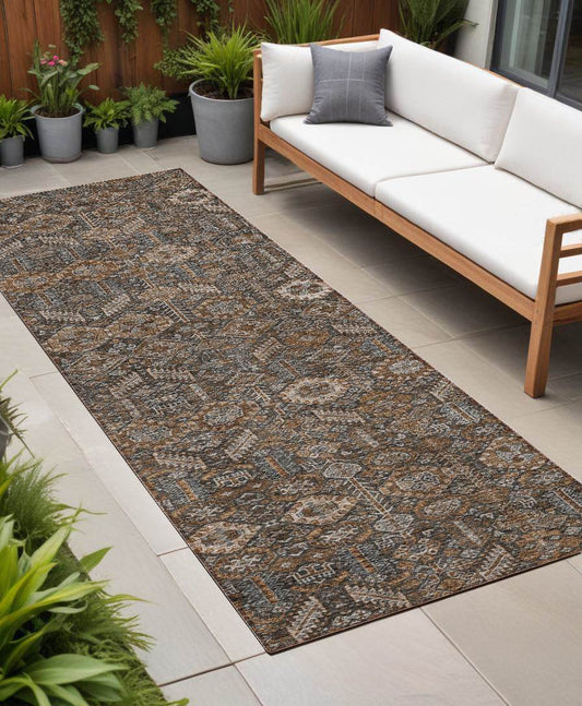8' Runner Chocolate Floral Washable Non Skid Indoor Outdoor Runner Rug - Loft&Timber