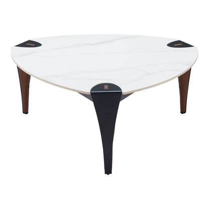 36" White and Black Sintered Stone Faux Leather And Steel Triangle Coffee Table - Loft&Timber