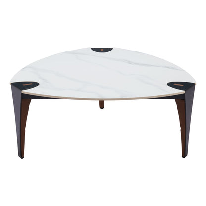 36" White and Black Sintered Stone Faux Leather And Steel Triangle Coffee Table - Loft&Timber