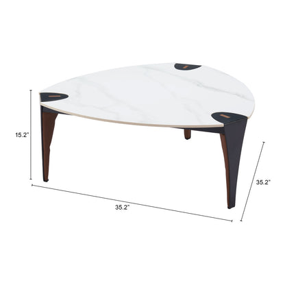 36" White and Black Sintered Stone Faux Leather And Steel Triangle Coffee Table - Loft&Timber