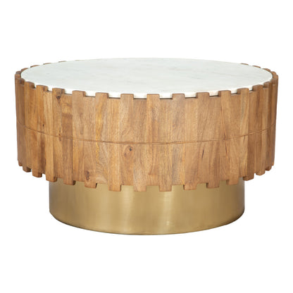 31" Gold Natural And White Iron Wood And Faux Marble Round Block Coffee Table - Loft&Timber