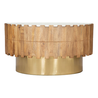 31" Gold Natural And White Iron Wood And Faux Marble Round Block Coffee Table - Loft&Timber