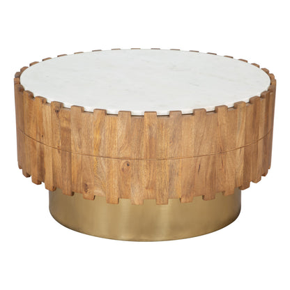 31" Gold Natural And White Iron Wood And Faux Marble Round Block Coffee Table - Loft&Timber
