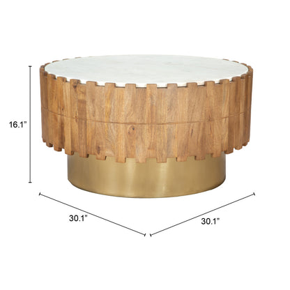 31" Gold Natural And White Iron Wood And Faux Marble Round Block Coffee Table - Loft&Timber