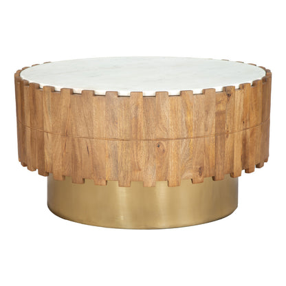 31" Gold Natural And White Iron Wood And Faux Marble Round Block Coffee Table - Loft&Timber