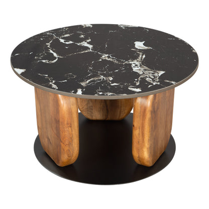 30" Black and Brown Genuine Marble Marble and Solid Wood Round Coffee Table - Loft&Timber