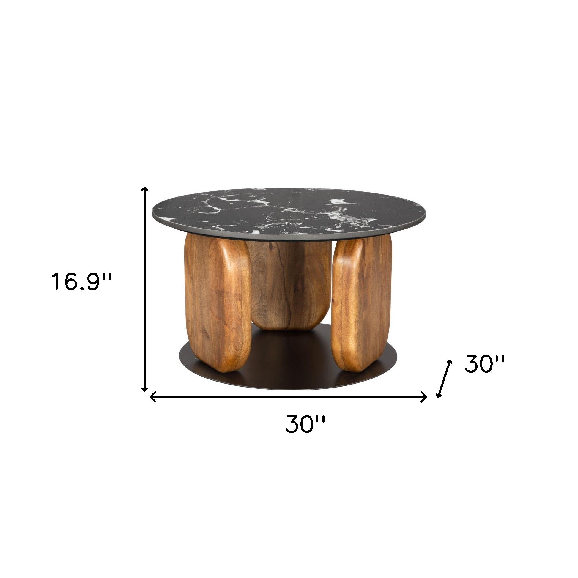30" Black and Brown Genuine Marble Marble and Solid Wood Round Coffee Table - Loft&Timber