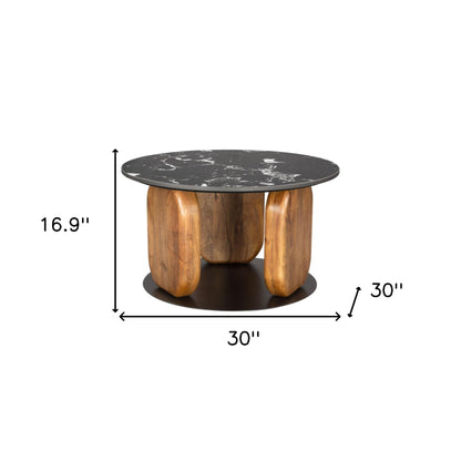 30" Black and Brown Genuine Marble Marble and Solid Wood Round Coffee Table - Loft&Timber