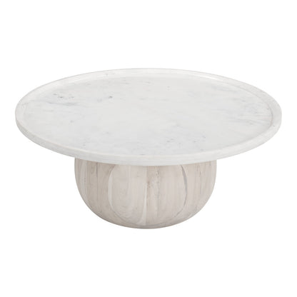 35" White and Natural Wood And Faux Marble Round Pedestal Coffee Table - Loft&Timber