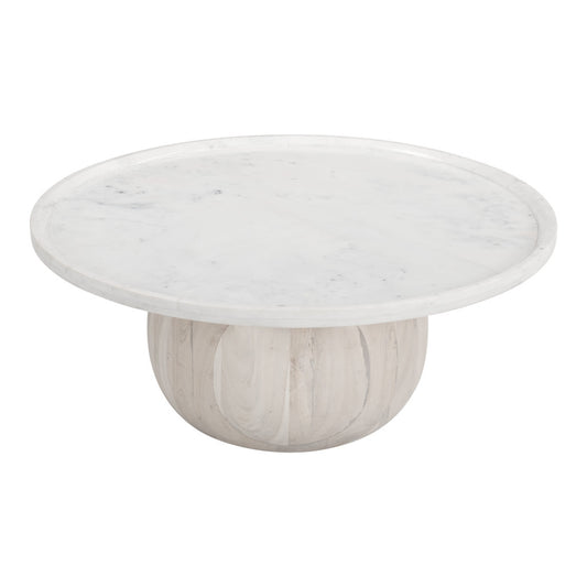 35" White and Natural Wood And Faux Marble Round Pedestal Coffee Table - Loft&Timber