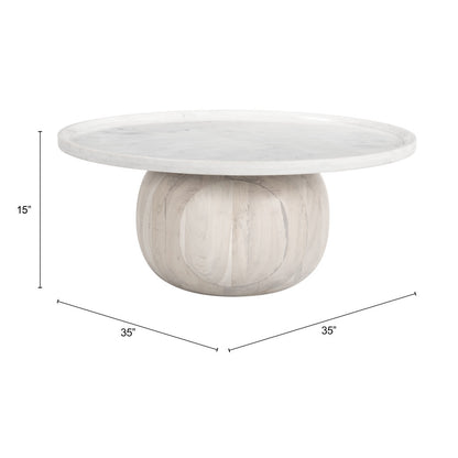 35" White and Natural Wood And Faux Marble Round Pedestal Coffee Table - Loft&Timber