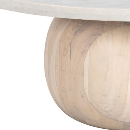 35" White and Natural Wood And Faux Marble Round Pedestal Coffee Table - Loft&Timber
