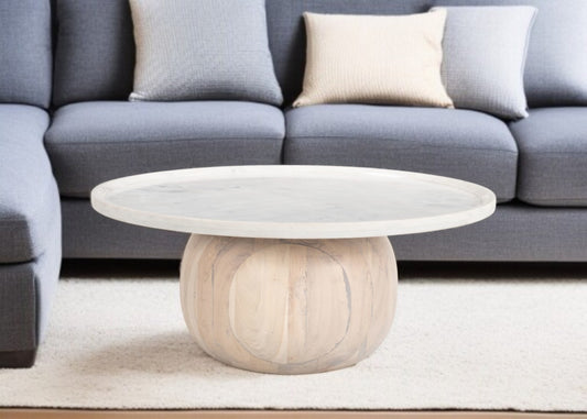 35" White and Natural Wood And Faux Marble Round Pedestal Coffee Table - Loft&Timber