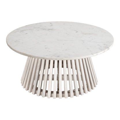 32" White and Natural Genuine Marble and Solid Wood Round Drum Coffee Table - Loft&Timber
