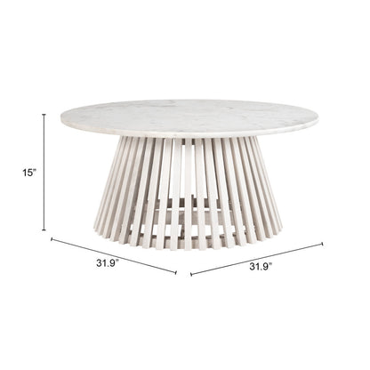 32" White and Natural Genuine Marble and Solid Wood Round Drum Coffee Table - Loft&Timber