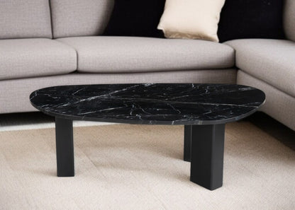 54" Black Genuine Marble and Wood Free Form Coffee Table - Loft&Timber