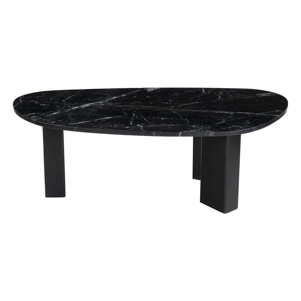 54" Black Genuine Marble and Wood Free Form Coffee Table - Loft&Timber