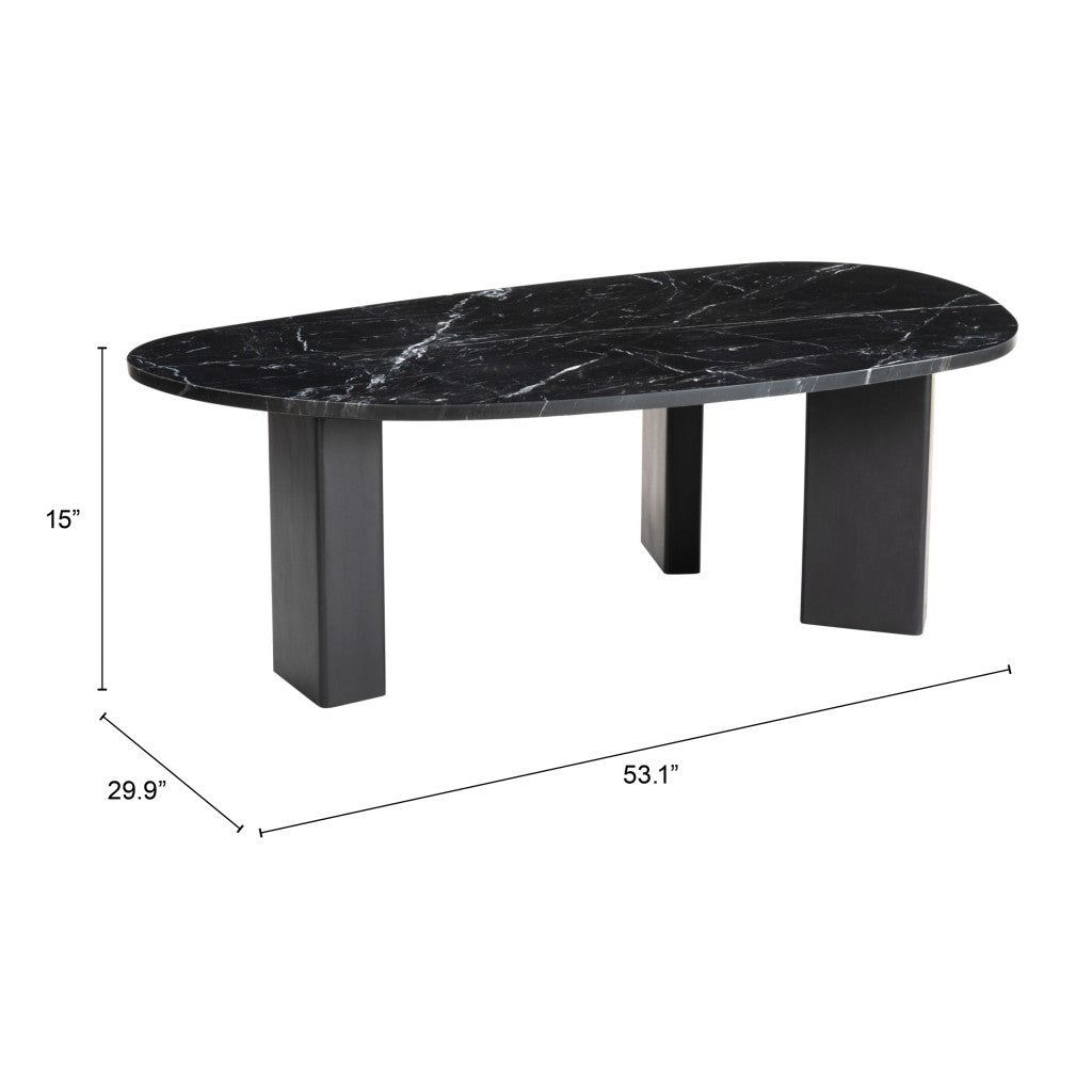 54" Black Genuine Marble and Wood Free Form Coffee Table - Loft&Timber