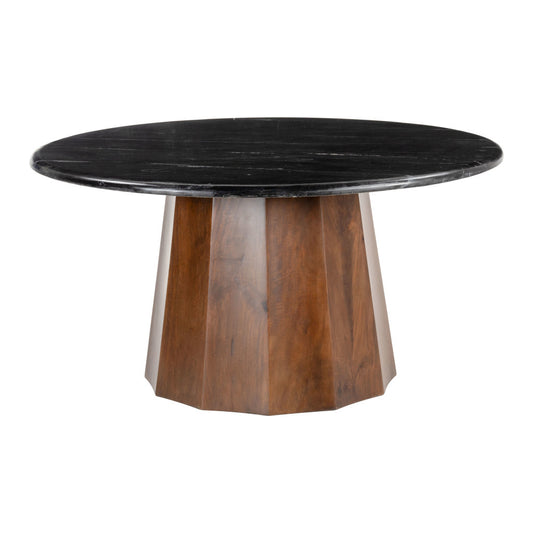 35" Black and Walnut Genuine Marble and Solid Wood Round Pedestal Coffee Table - Loft&Timber