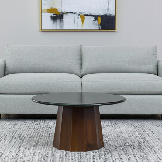 35" Black and Walnut Genuine Marble and Solid Wood Round Pedestal Coffee Table - Loft&Timber