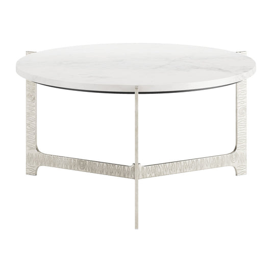 30" White and Silver Genuine Marble and Aluminum Round Cross Legs Coffee Table - Loft&Timber