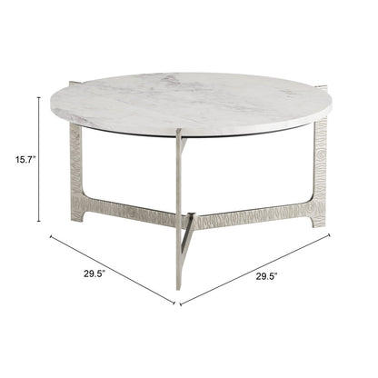 30" White and Silver Genuine Marble and Aluminum Round Cross Legs Coffee Table - Loft&Timber
