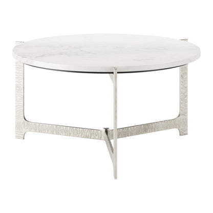 30" White and Silver Genuine Marble and Aluminum Round Cross Legs Coffee Table - Loft&Timber