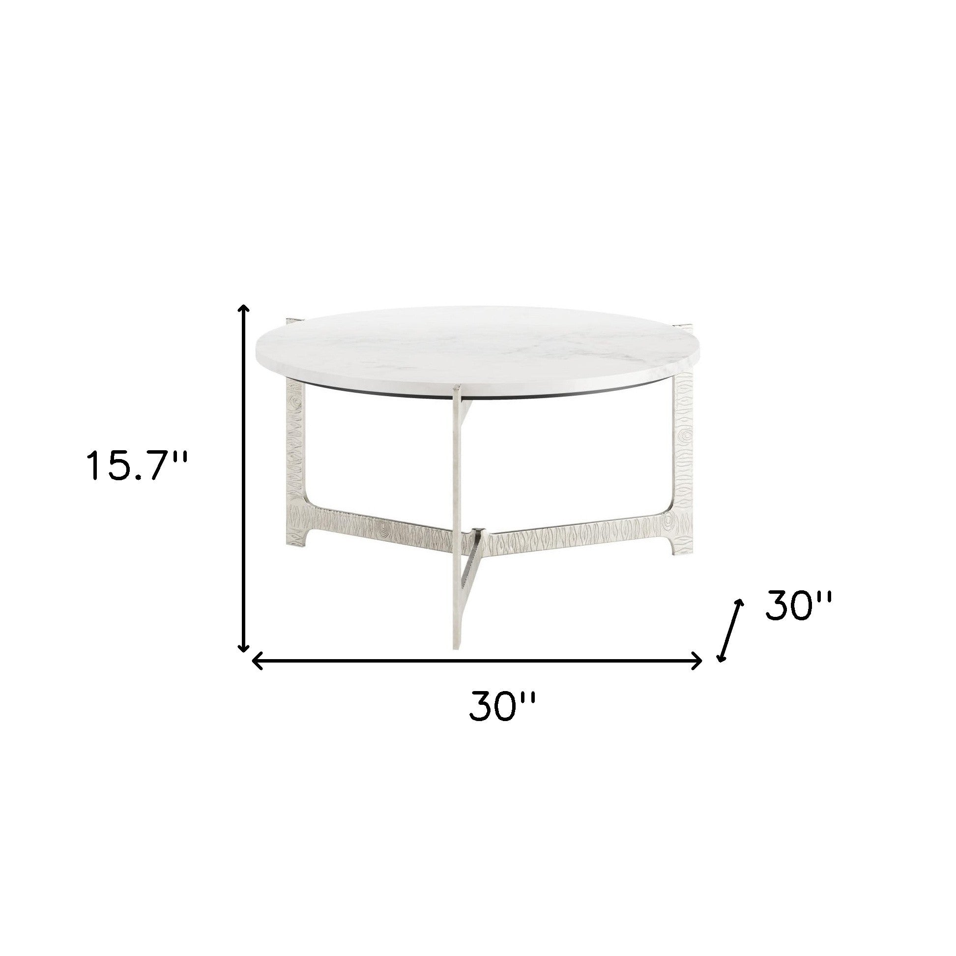 30" White and Silver Genuine Marble and Aluminum Round Cross Legs Coffee Table - Loft&Timber