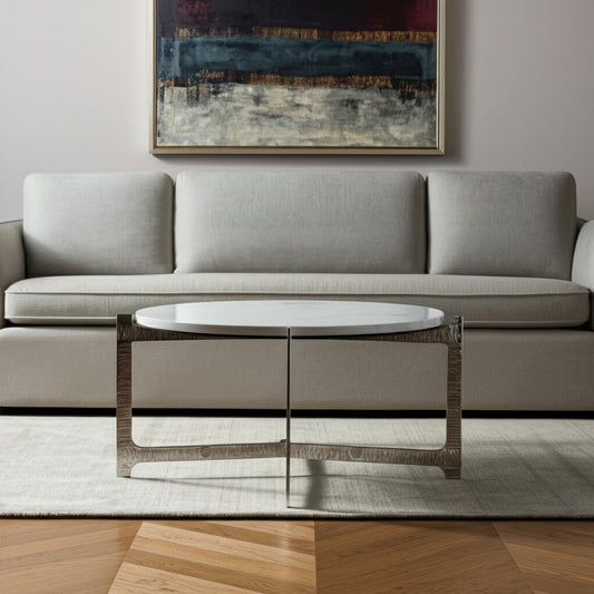 30" White and Silver Genuine Marble and Aluminum Round Cross Legs Coffee Table - Loft&Timber