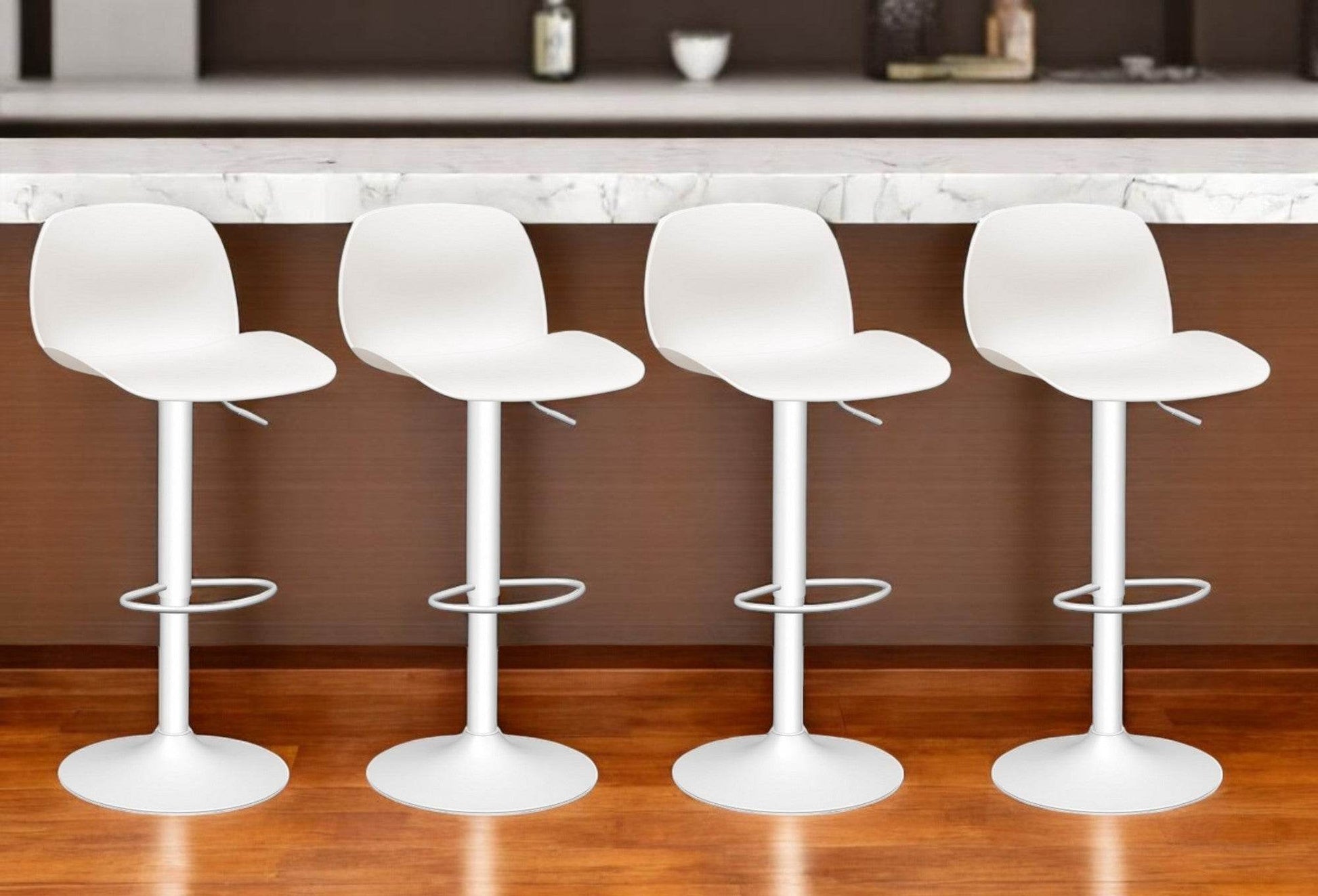 Set of Four White Heavy Duty Plastic and Metal Mid Back Adjustable Height Swivel Bar Chairs - Loft&Timber