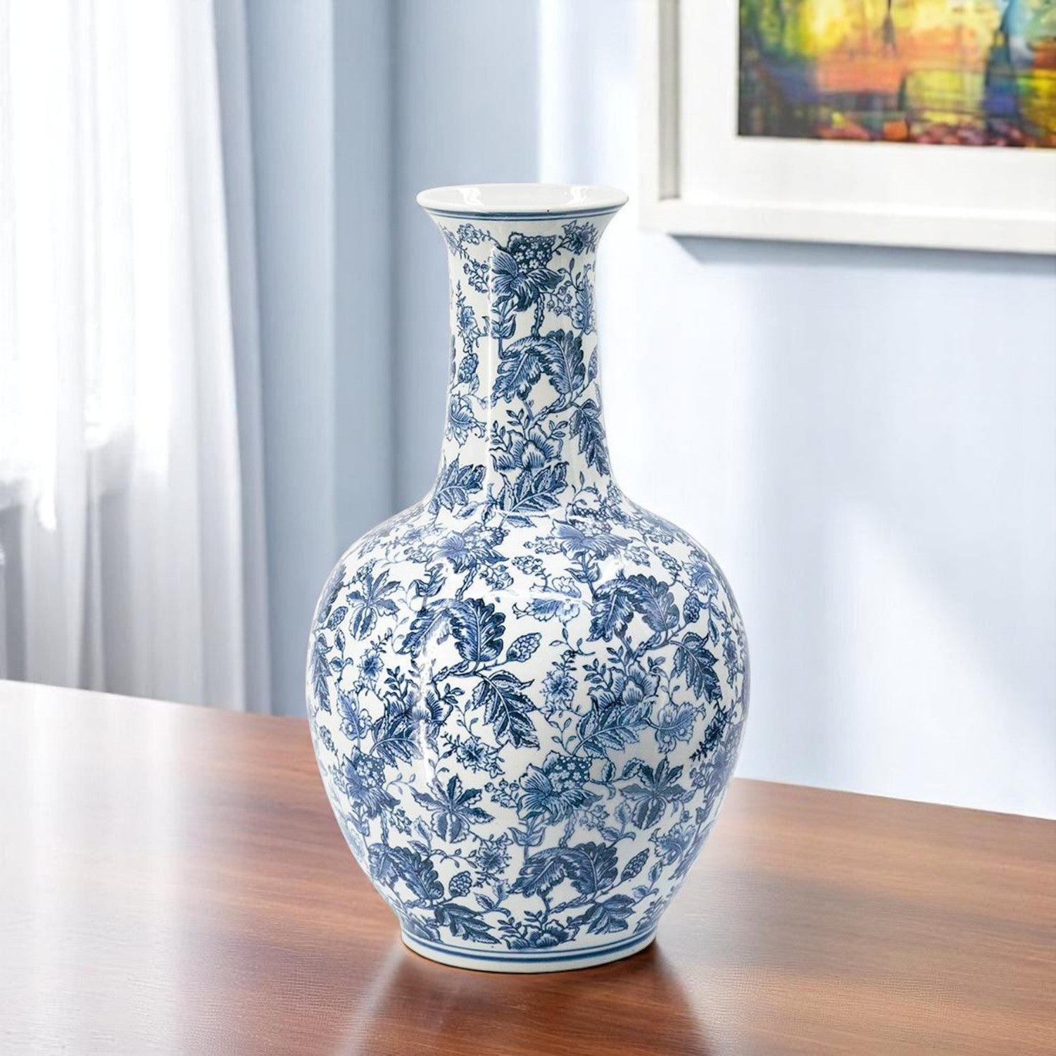 24" Blue And White Floral Curved Porcelain Table Vase - Loft&Timber