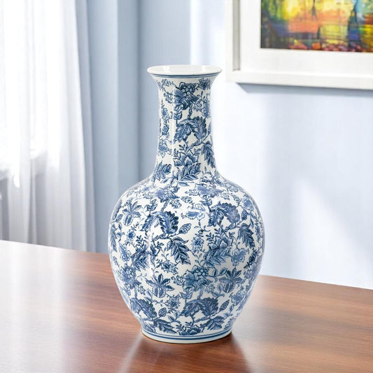 24" Blue And White Floral Curved Porcelain Table Vase - Loft&Timber